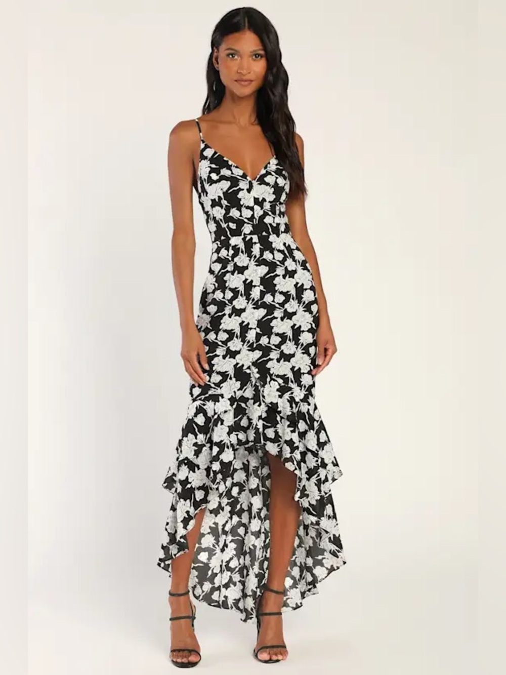 Lulus Darling Daylily White & Black Floral High Low Maxi Dress | Size S | NWT